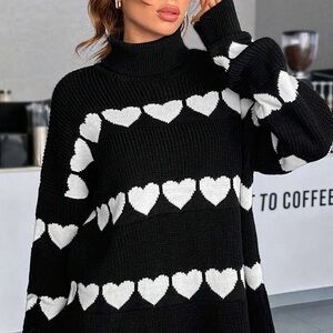 Chic Black and White Heart Turtleneck Sweater